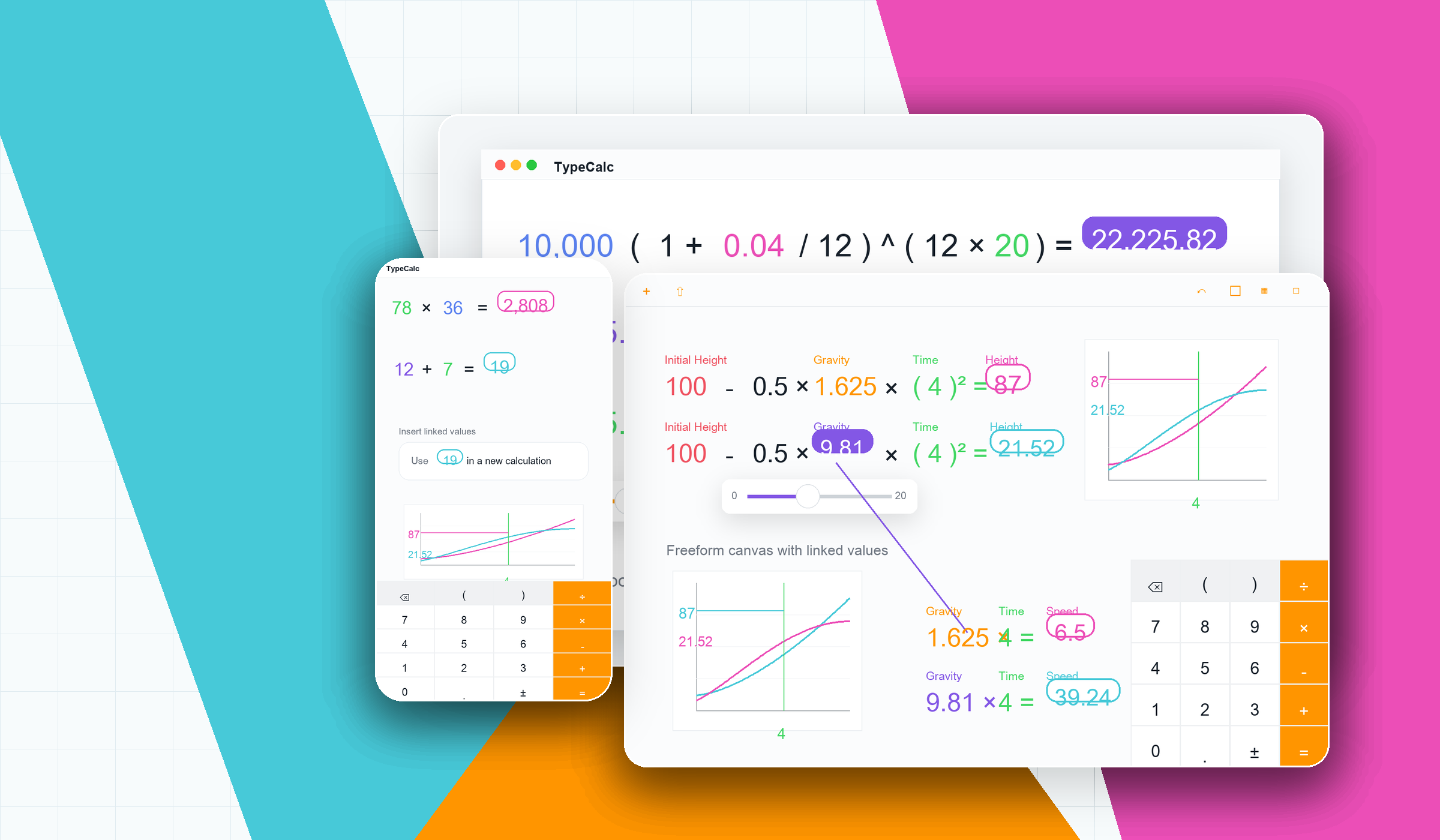 TypeCalc worksheets shown across Mac, iPad, and iPhone.