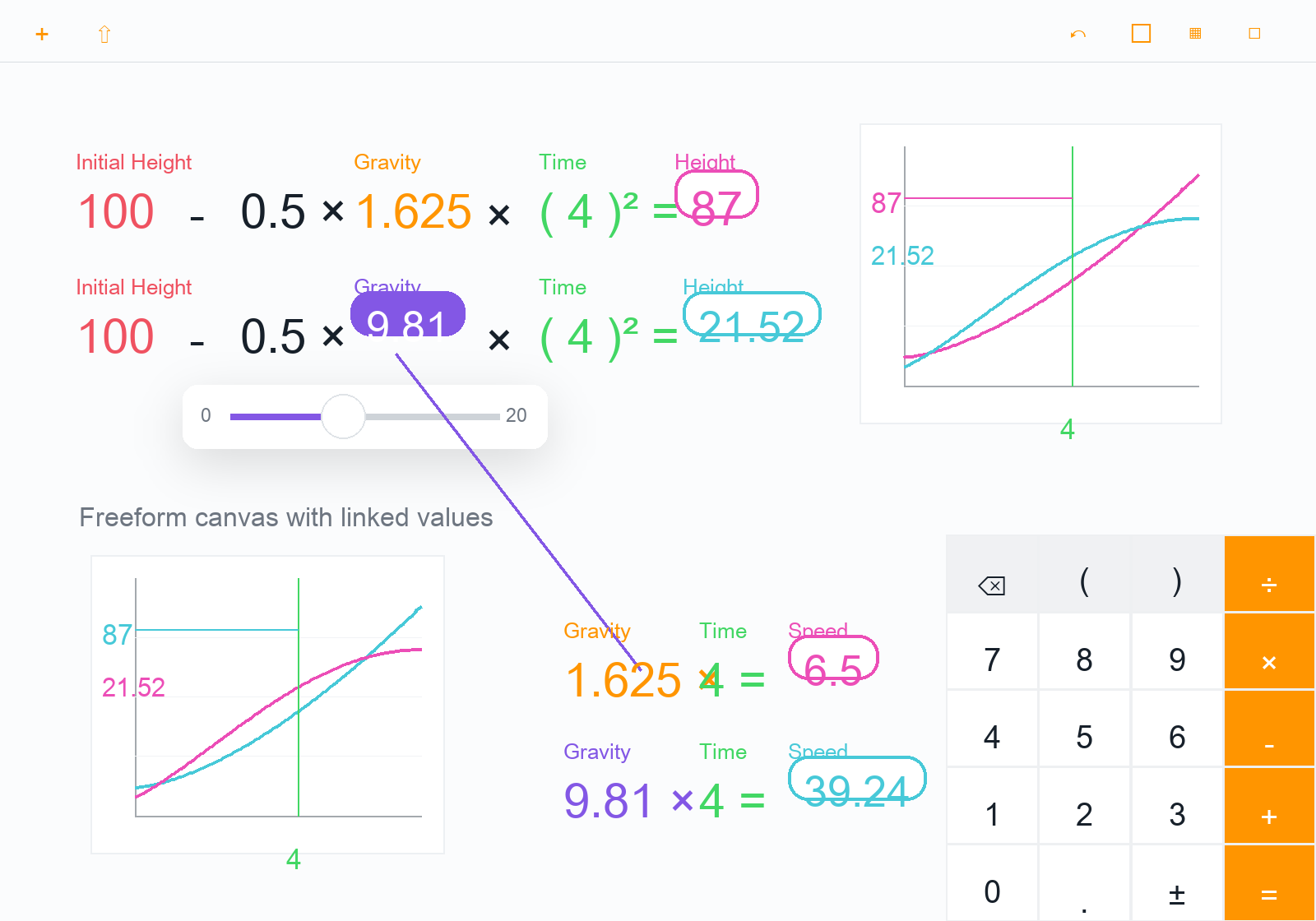 TypeCalc on iPad with linked physics calculations, sliders, graphs, and a docked keypad.